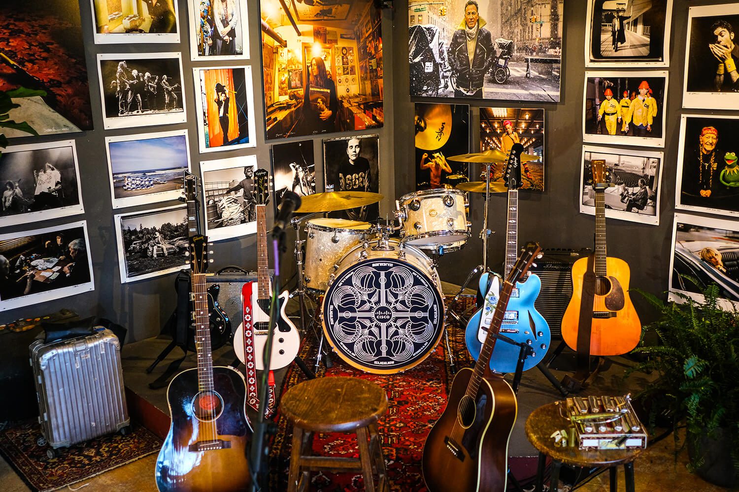 Music instruments in a cozy studio setup.
